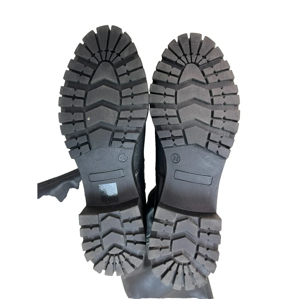 Mercante di Fiori Tall Black Boot Lug Sole Ankle Zip Light Stretch Calf, 38/7.5